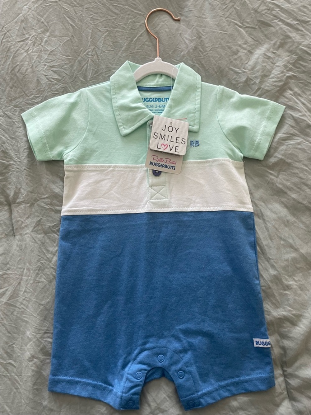 Ruffle Butts Mint, White & Blue Colorblock Polo Romper